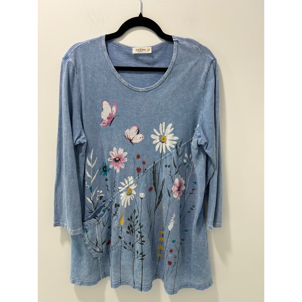 Jess & Jane Blue Mineral Wash Floral Butterfly Tunic Top XL Pocket Made in USA